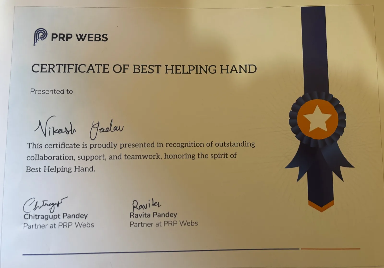 Best Helping Hand certificate from PRP Webs