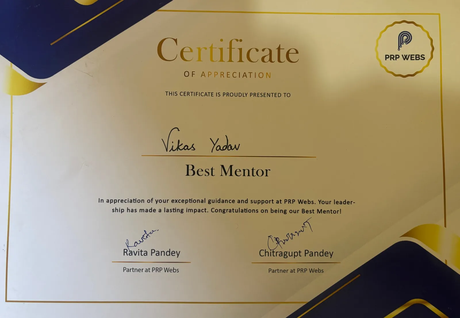 Best Mentor certificate of appreciation from PRP Webs