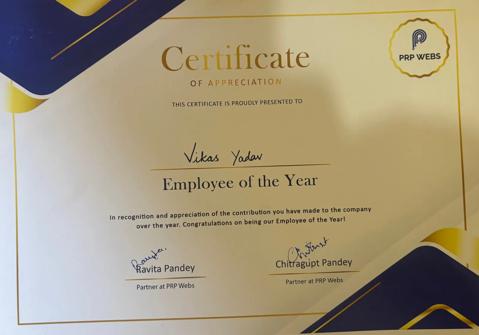 Employee of the Year certificate of appreciation from PRP Webs