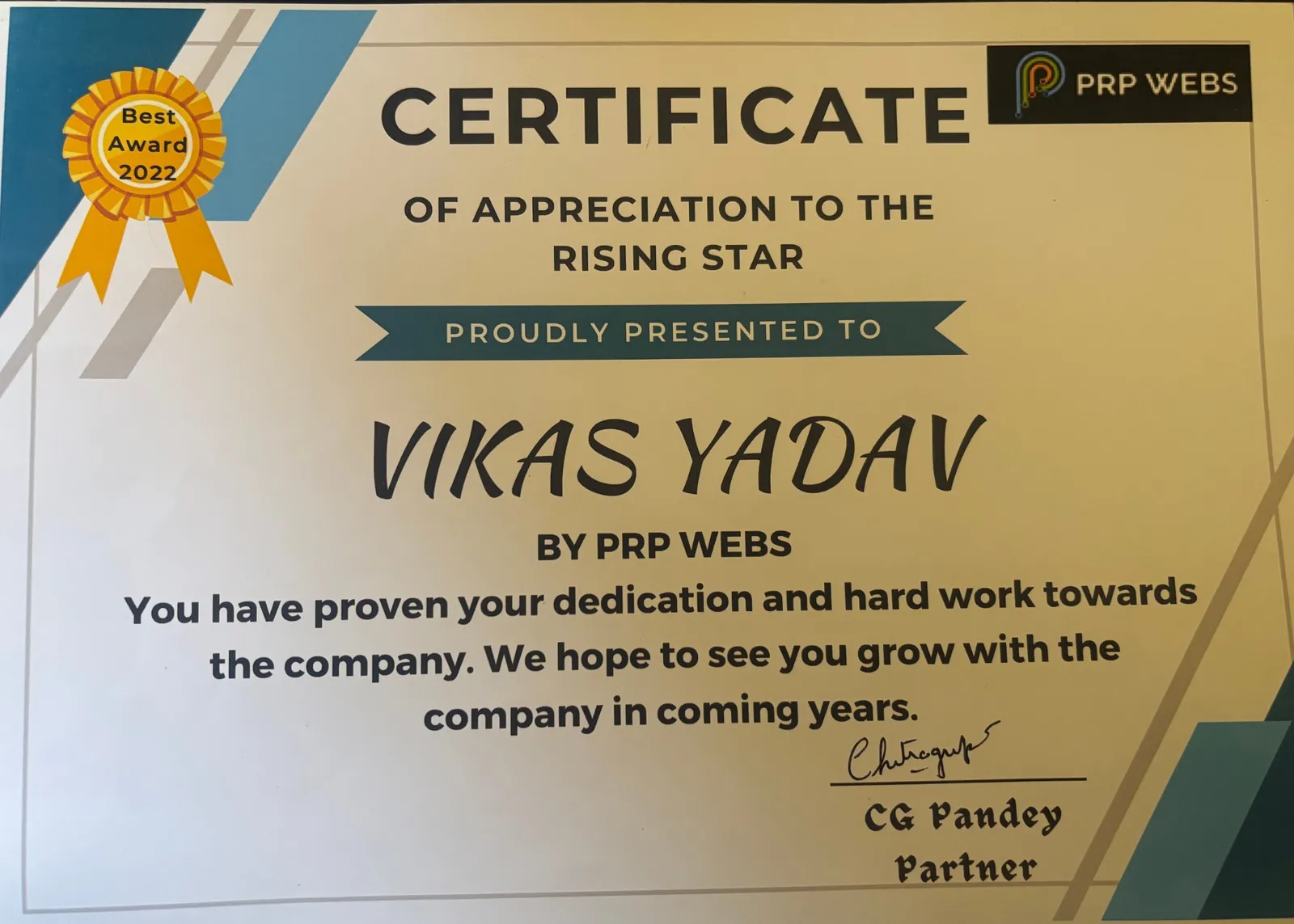 Rising Star Best Award 2022 certificate of appreciation from PRP Webs