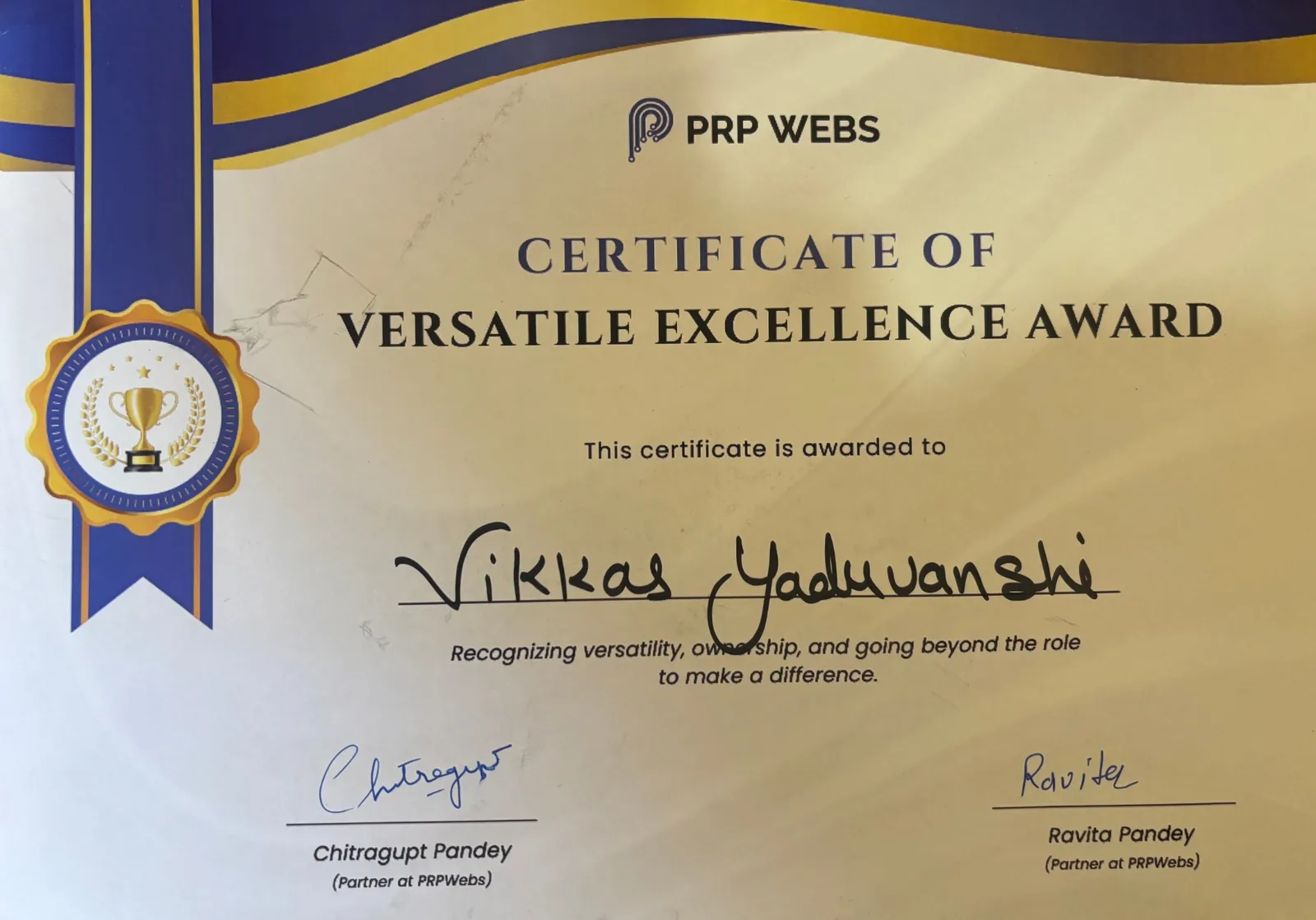 Versatile Excellence Award certificate from PRP Webs